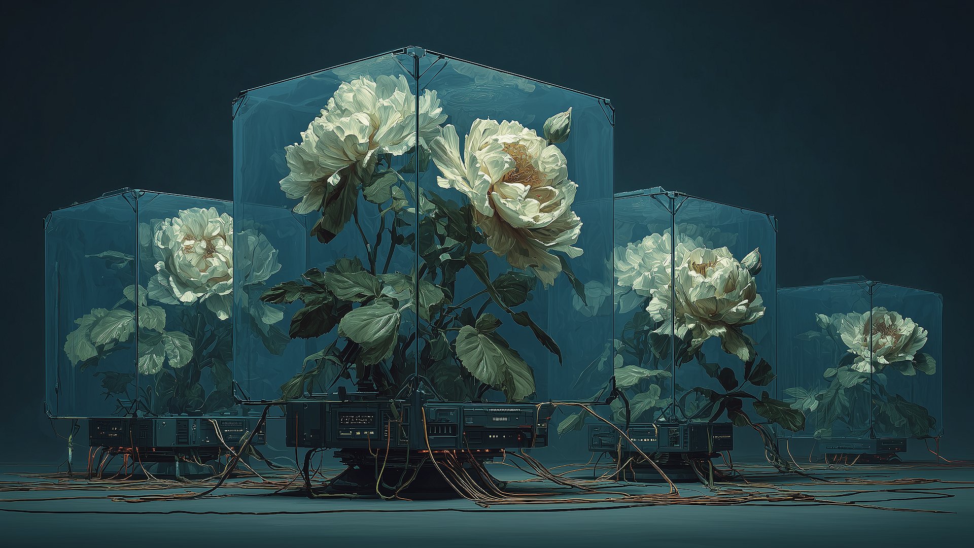 Des fleurs qui pousse dans des vivariums en verre dans une salle obscure