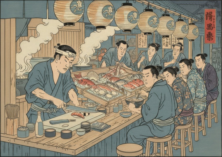 Estampe japonaise restaurant de poisson