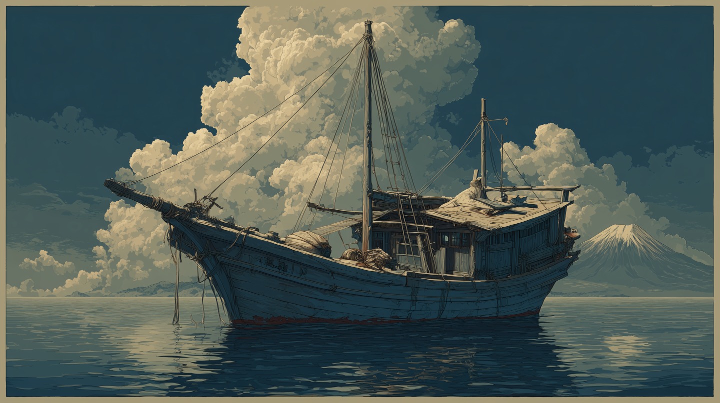 Bateau traditionnel japonais devant le mont Fuji